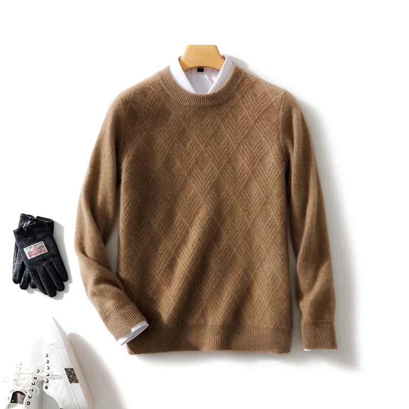 Men's 100% Wool Sweater Autumn Winter Thick O-neck Pullover Long Sleeve Rhombus Knitted Jumper Smart Casual Cashmere Knitwear