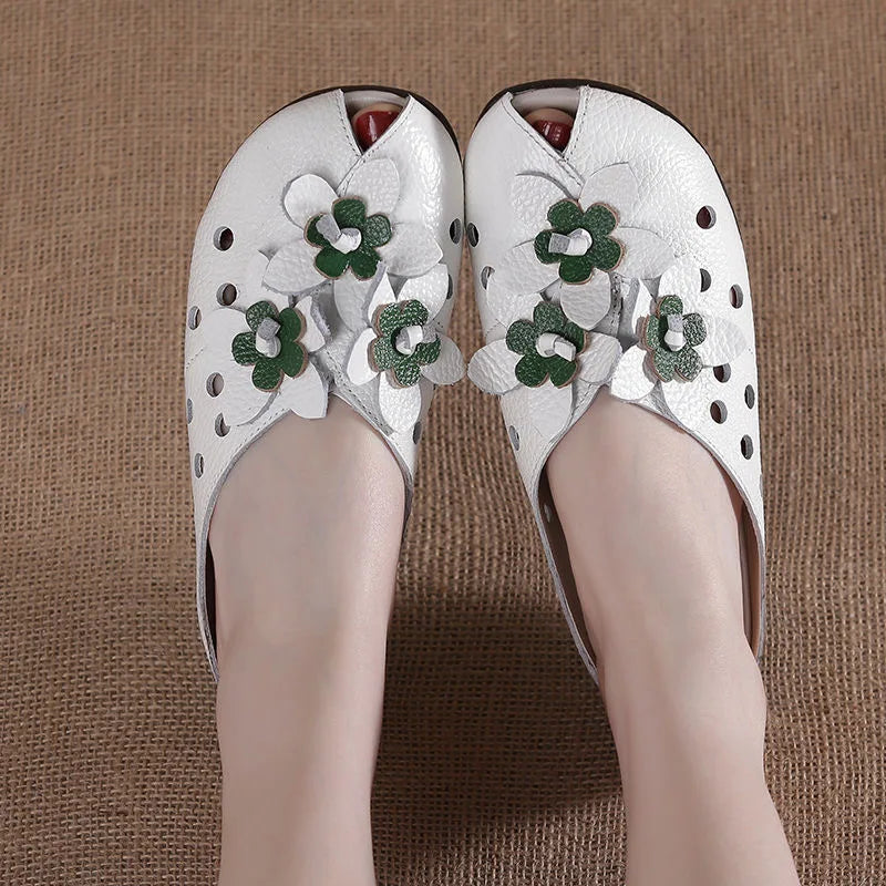 Summer Fashion Women Flat Heel Sandals Fashion Genuine Leather Handmade Flower Women Flat Heel Sandals Slippers Mother shoes
