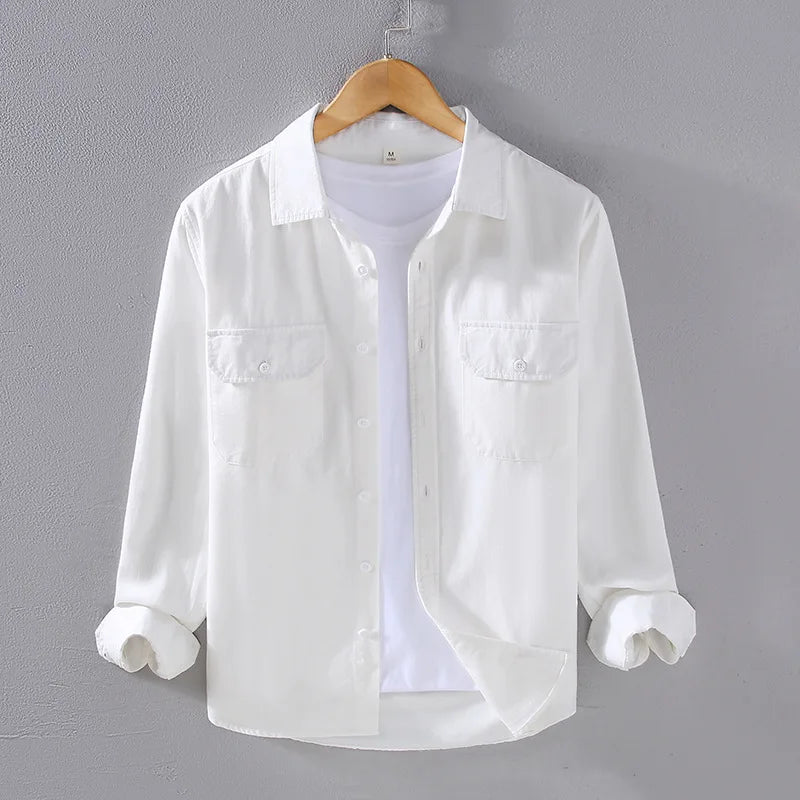 Men's Spring Autumn Long Sleeve Pure Color Cotton Casual Shirt Loose Fit Fashion Outerwear Workwear Style Zipper Closure
