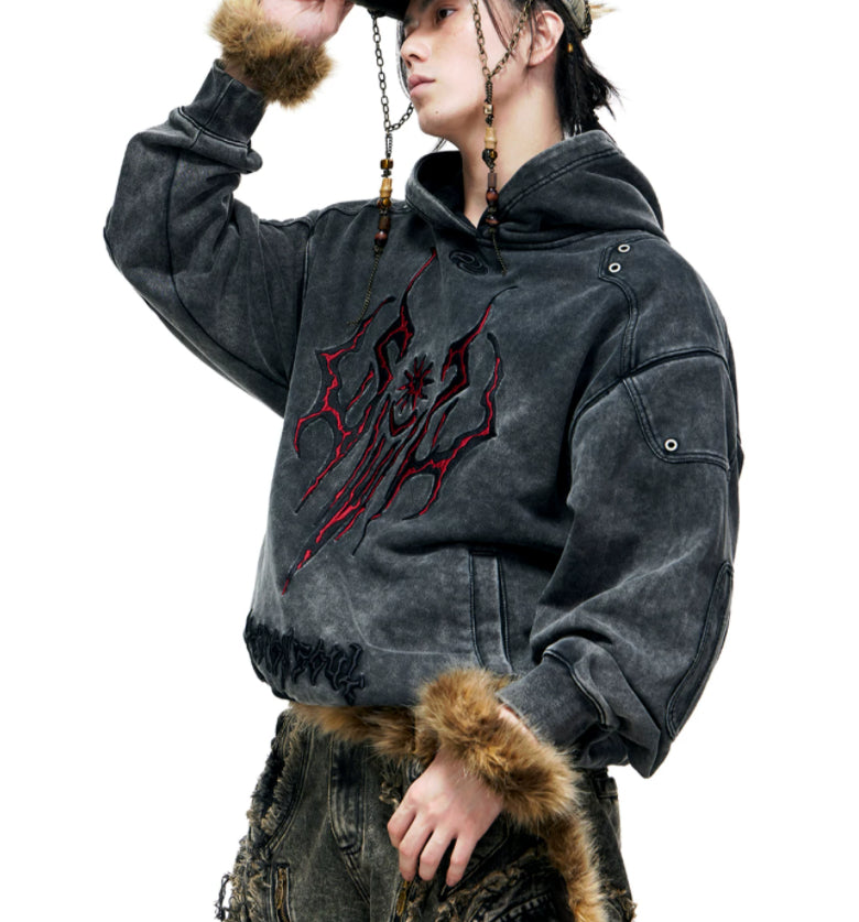 Tribal 3D Embroidered Washed Distressed Hoodie Heavy Weight Gray Sweatshirt