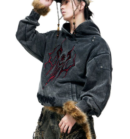 Tribal 3D Embroidered Washed Distressed Hoodie Heavy Weight Gray Sweatshirt