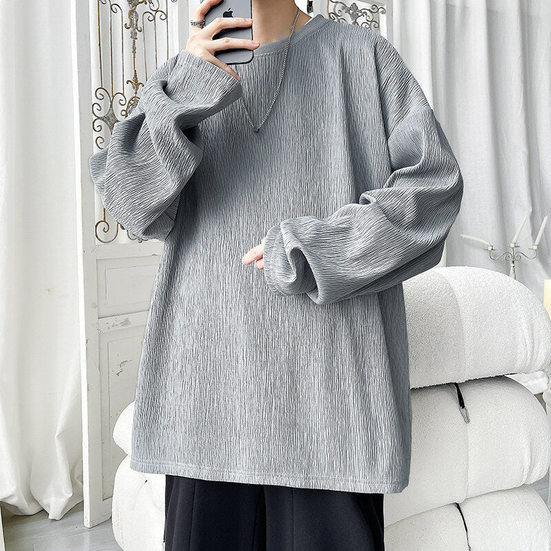 Crew-neck Long-sleeve T-shirt With A Simple Ruffled Design For Layering