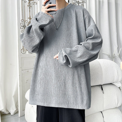 Crew-neck Long-sleeve T-shirt With A Simple Ruffled Design For Layering