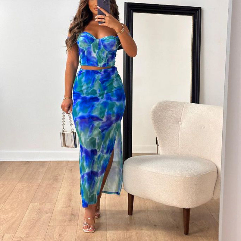 Printed Cropped Camisole With Straps Figure-hugging Sheath Maxi Skirt