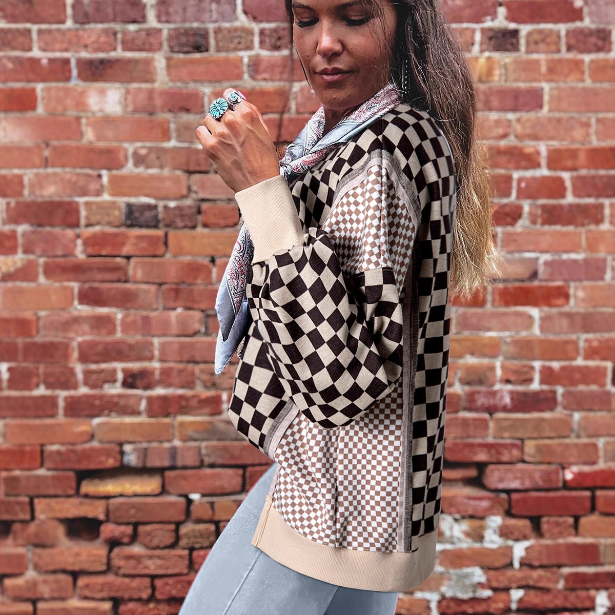 Women's Simple And Versatile Round-Neck Plaid Patchwork Pullover