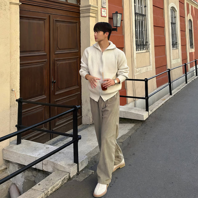 Flip Collar Double Zipper Knitted Cardigan For Men In Autumn And Winter