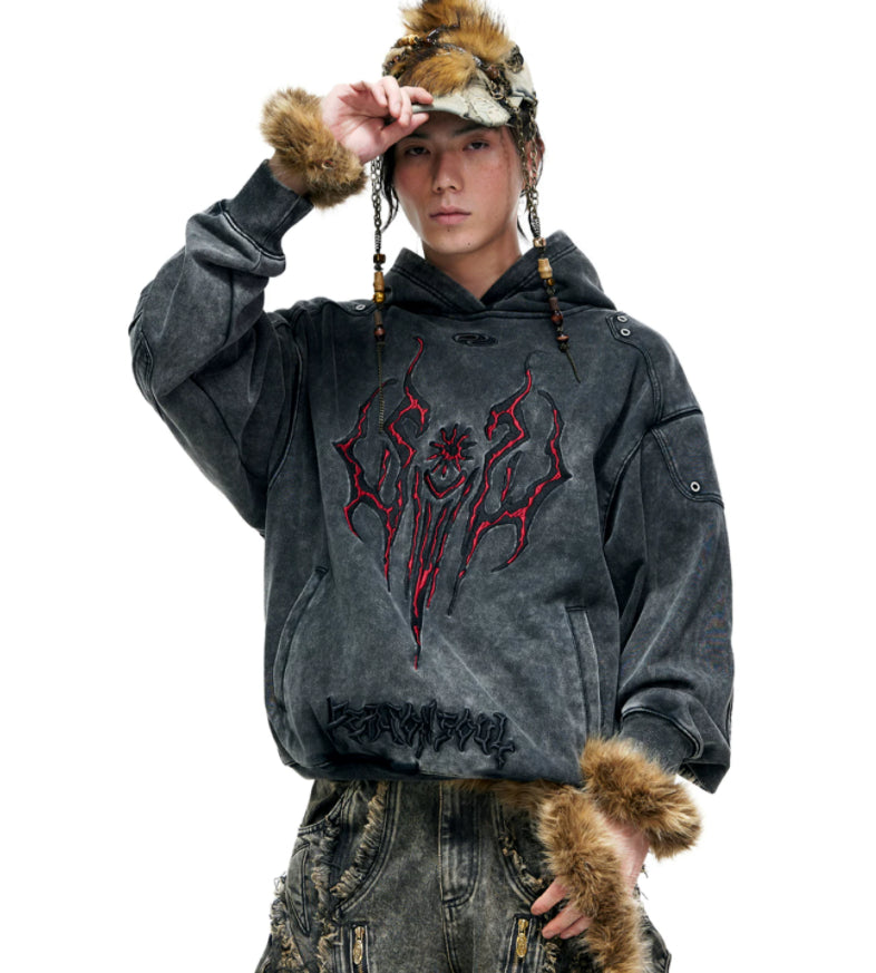 Tribal 3D Embroidered Washed Distressed Hoodie Heavy Weight Gray Sweatshirt