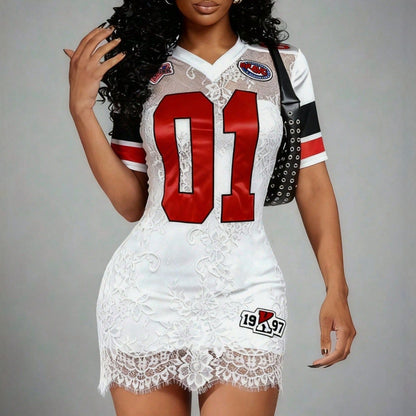 Women's Fashionable And Sexy Lace Embroidered Letter Short-Sleeve Dress