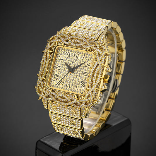 European Hip Hop Ice Watch Thorn Dial Inlaid Zircon Square Full Diamond Men's Quartz Watch
