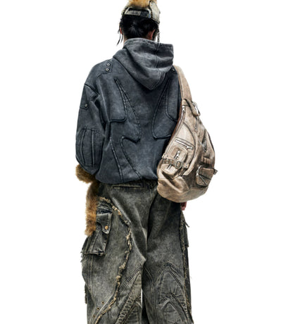 Tribal 3D Embroidered Washed Distressed Hoodie Heavy Weight Gray Sweatshirt