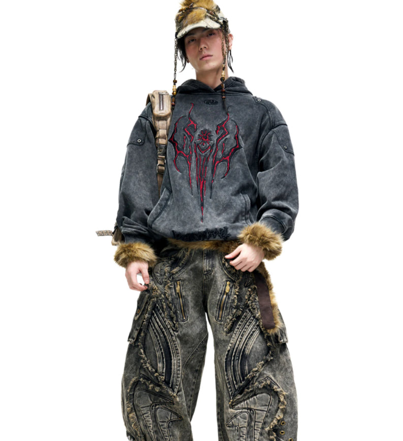 Tribal 3D Embroidered Washed Distressed Hoodie Heavy Weight Gray Sweatshirt