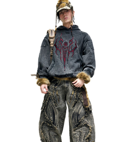 Tribal 3D Embroidered Washed Distressed Hoodie Heavy Weight Gray Sweatshirt