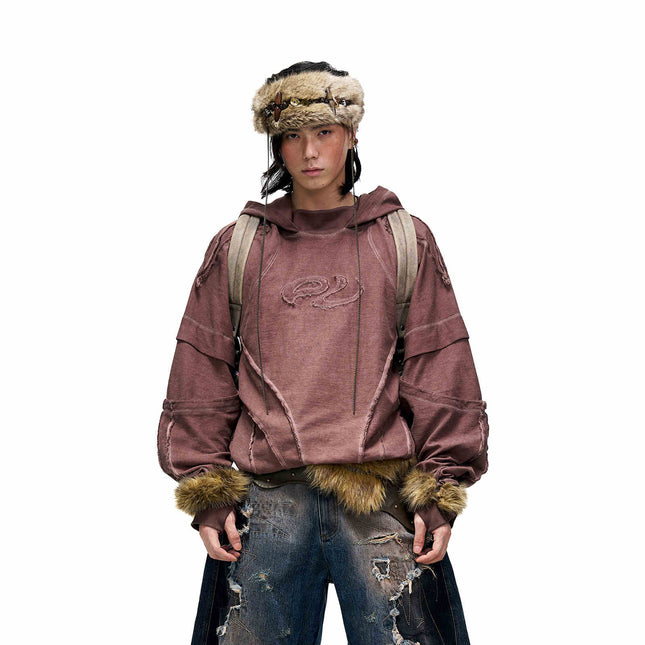 Split Structure Fried Dyeing Distressed Hooded Sweater For Men