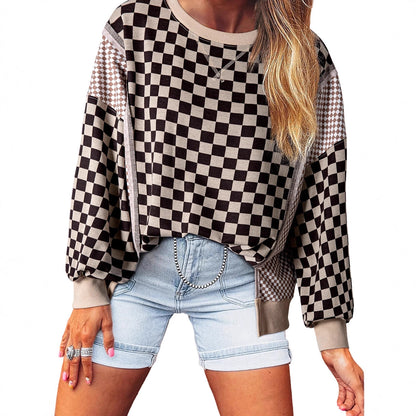 Women's Simple And Versatile Round-Neck Plaid Patchwork Pullover