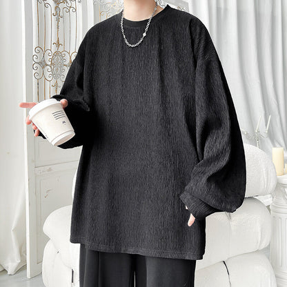 Crew-neck Long-sleeve T-shirt With A Simple Ruffled Design For Layering