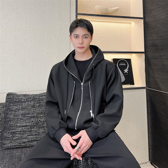 Men's Solid Color Zipper Hooded Cardigan Sweater