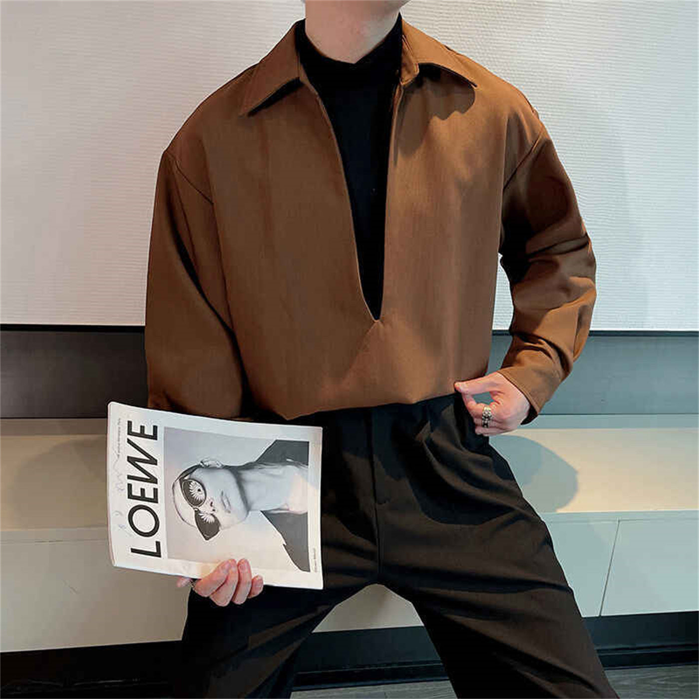 Handsome Man With Deep V-neck And Long Sleeve Shirt