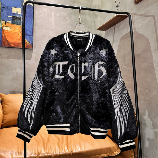 Men's Plush Black Loose Cotton Coat Baseball Jacket
