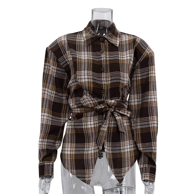 A brown plaid long-sleeve shirt with a turn-down collar and a self-tie waist on a mannequin.