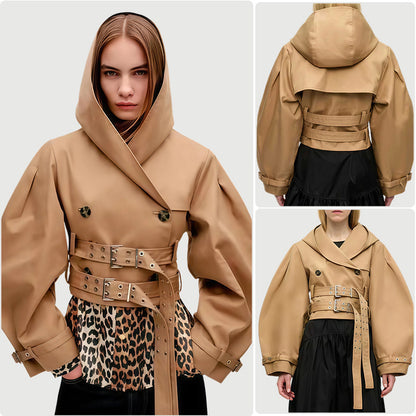 Loose-fitting Versatile Hooded Jacket Short Urban-style Khaki Top