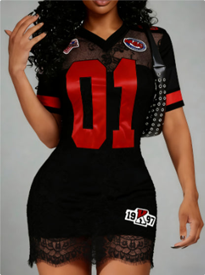 Women's Fashionable And Sexy Lace Embroidered Letter Short-Sleeve Dress