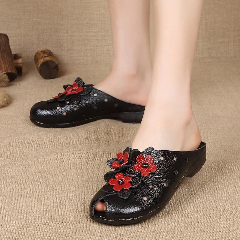 Summer Fashion Women Flat Heel Sandals Fashion Genuine Leather Handmade Flower Women Flat Heel Sandals Slippers Mother shoes