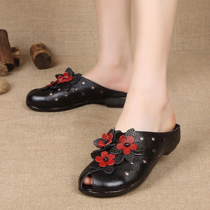 Summer Fashion Women Flat Heel Sandals Fashion Genuine Leather Handmade Flower Women Flat Heel Sandals Slippers Mother shoes