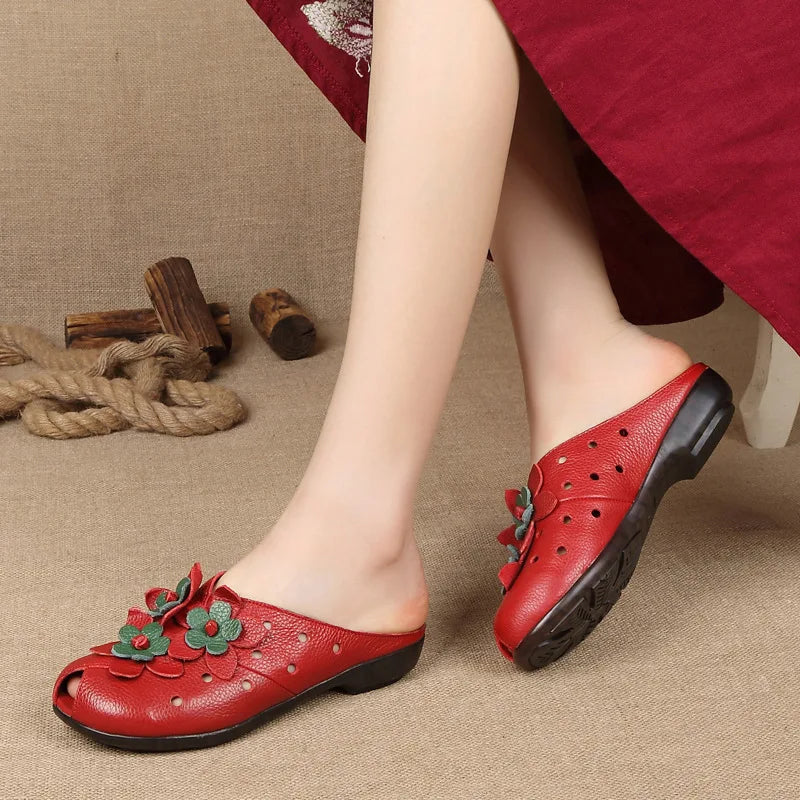 Summer Fashion Women Flat Heel Sandals Fashion Genuine Leather Handmade Flower Women Flat Heel Sandals Slippers Mother shoes
