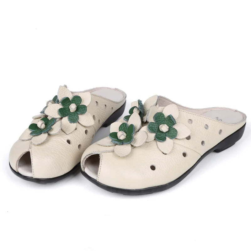 Summer Fashion Women Flat Heel Sandals Fashion Genuine Leather Handmade Flower Women Flat Heel Sandals Slippers Mother shoes