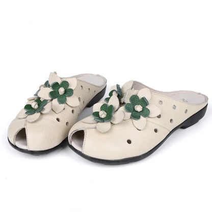 Summer Fashion Women Flat Heel Sandals Fashion Genuine Leather Handmade Flower Women Flat Heel Sandals Slippers Mother shoes