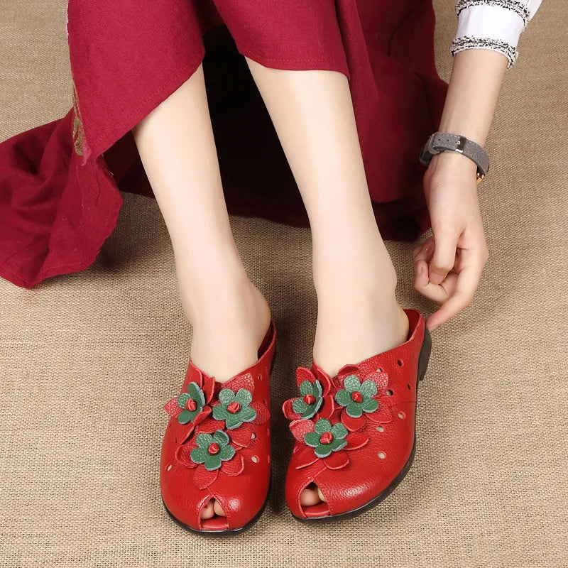 Summer Fashion Women Flat Heel Sandals Fashion Genuine Leather Handmade Flower Women Flat Heel Sandals Slippers Mother shoes