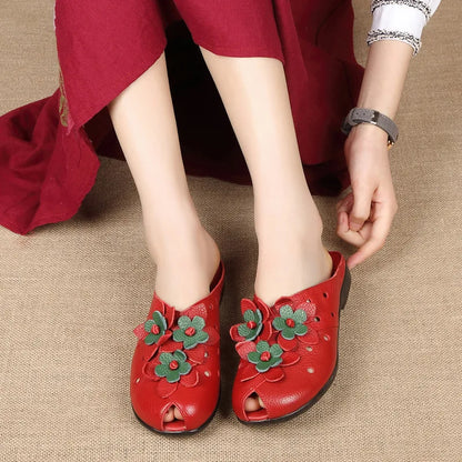 Summer Fashion Women Flat Heel Sandals Fashion Genuine Leather Handmade Flower Women Flat Heel Sandals Slippers Mother shoes