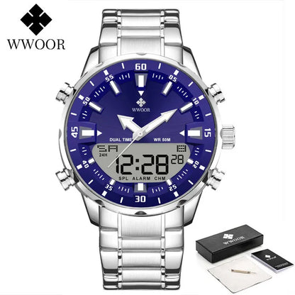 WWOOR New Top Luxury Original Sports Wrist Watch For Men Quartz Steel Waterproof Dual Display Military Watches Relogio Masculino