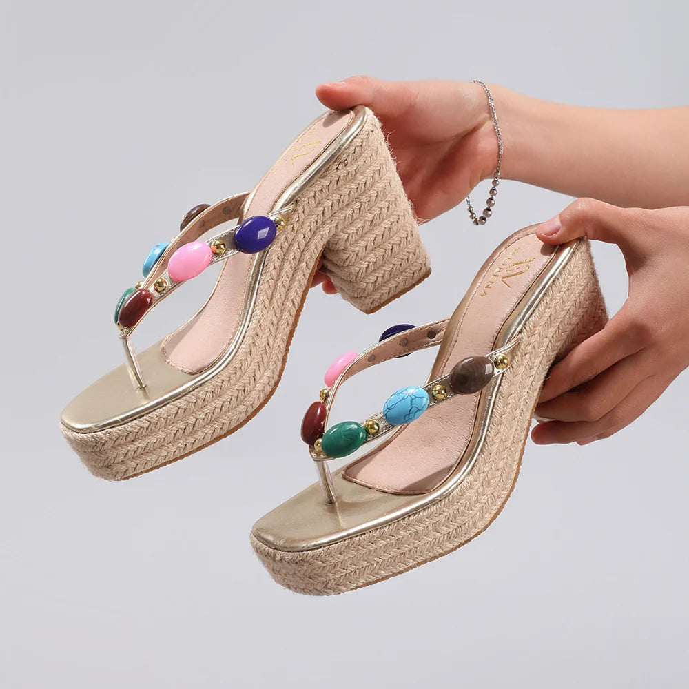Women Slippers Summer Outwear Hemp Rope Wedge Sandals Colored Beaded Flip Flops Women Summer Leisure Vacation High Heels