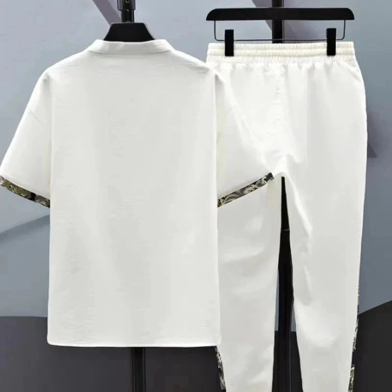 (Shirt + trousers) 2026 summer fashion men shirt Cotton shirts men's sets High quality shirts Two Piece size M-4XL TZ0195