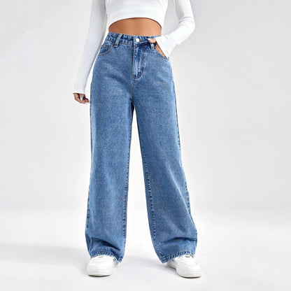 High Waist Loose Wide Leg Grey Washed Women's Jeans Comfortable Casual Street Style Denim Pants High Waist Loose Fit Jeans