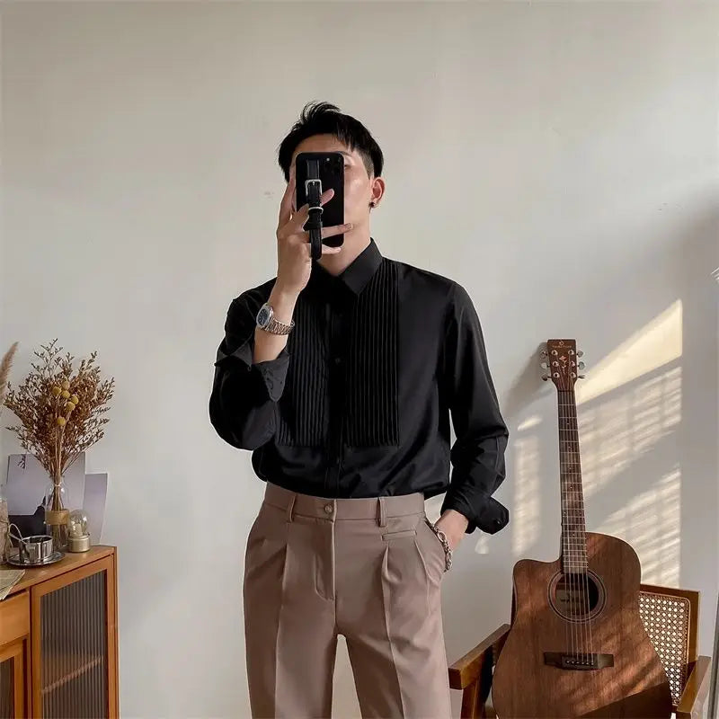 France England Style Men Shirts New Autumn Solid Lapel Button Pleated Korean Fashion Chic Business Casual Loose Long Sleeve Tops