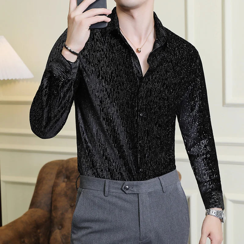 2024 Men's Shirts Luxury Shiny Velvet Social Shirts Autumn Winter Mens Dress Shirts Slim Long Sleeve Party Tuxedo Men Clothing