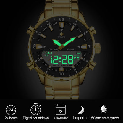 WWOOR New Top Luxury Original Sports Wrist Watch For Men Quartz Steel Waterproof Dual Display Military Watches Relogio Masculino