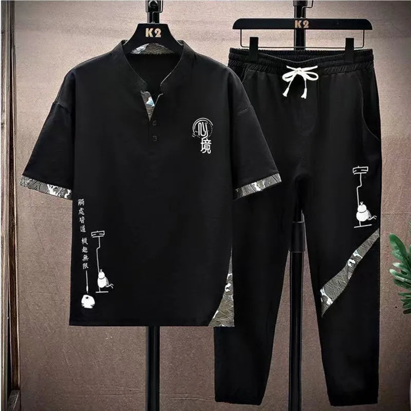 (Shirt + trousers) 2026 summer fashion men shirt Cotton shirts men's sets High quality shirts Two Piece size M-4XL TZ0195