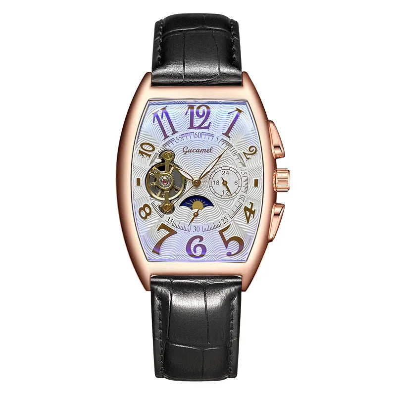 Men’s* Automatic Mechanical Watch Barrel Shape Tourbillon Design Luxury Business Wristwatch
