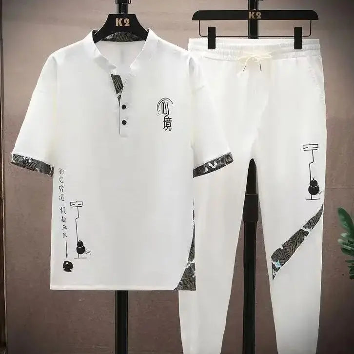 (Shirt + trousers) 2026 summer fashion men shirt Cotton shirts men's sets High quality shirts Two Piece size M-4XL TZ0195