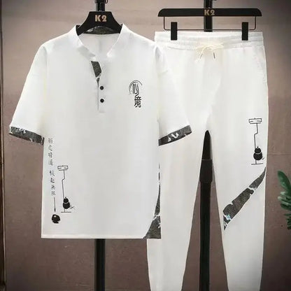 (Shirt + trousers) 2026 summer fashion men shirt Cotton shirts men's sets High quality shirts Two Piece size M-4XL TZ0195