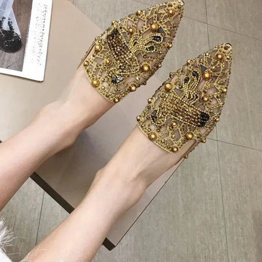 2025 Women Slippers Fashion String-bead Pointed Rhinestone Rivet Flat Women Shoes Slip-On Mules Loafer Sandals Slides