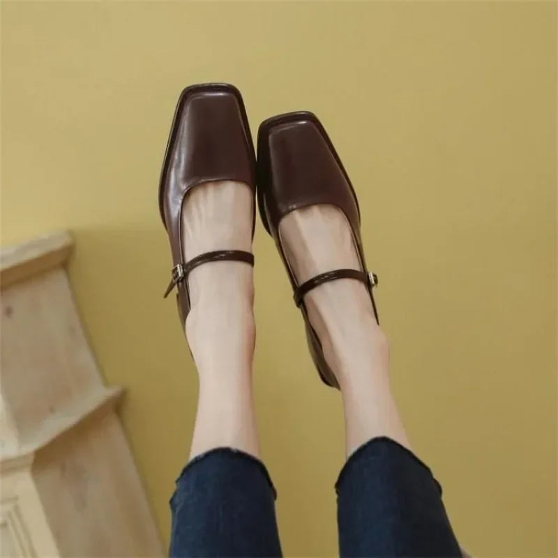French Mary Jane's Shoes Women Pumps Spring Autumn Medium Heel Thick Square Toe Loafers Button Shallow Black Brown Women Heels