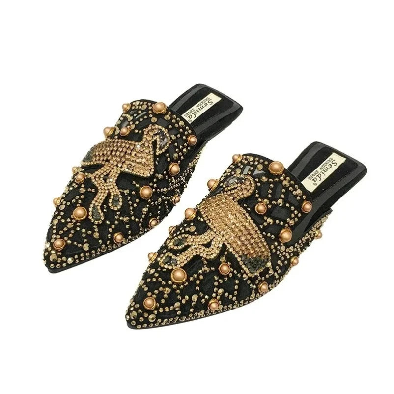 2025 Women Slippers Fashion String-bead Pointed Rhinestone Rivet Flat Women Shoes Slip-On Mules Loafer Sandals Slides