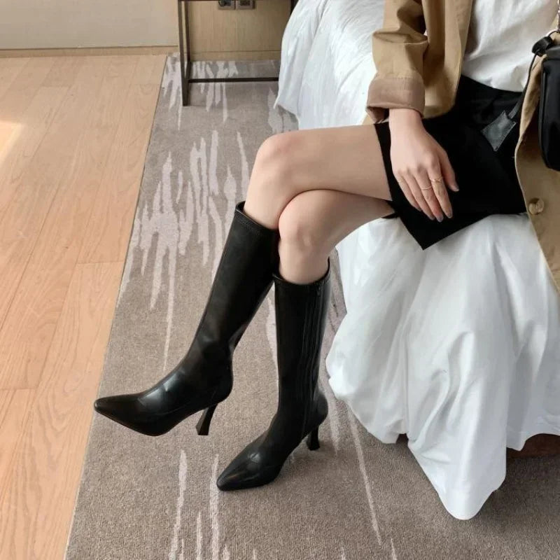 Women High Boots Fashion Pointed Toe Ladies Elegant Square High Heel Long Boots Short Plush Women Square Toe High Stretch Boots