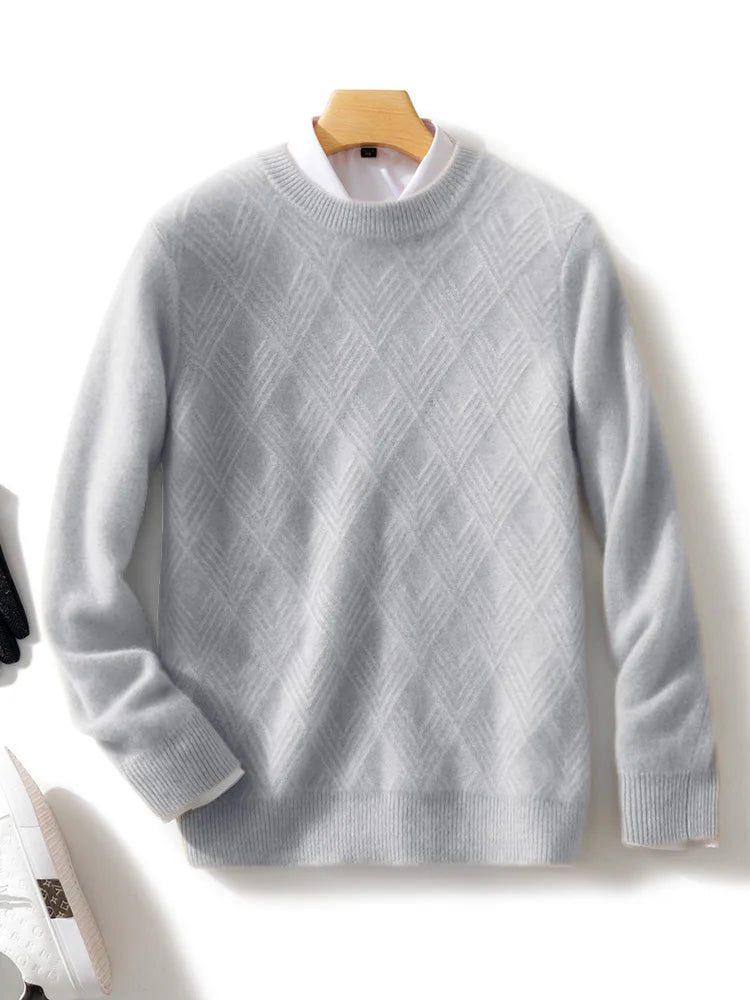 Men's 100% Wool Sweater Autumn Winter Thick O-neck Pullover Long Sleeve Rhombus Knitted Jumper Smart Casual Cashmere Knitwear