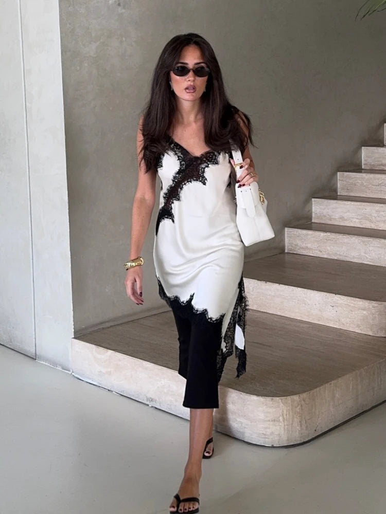 New Black White Patchwork Lace Satin Sexy Dress Chic Slip Irregular Hollow Out Backless Mini Dress Autumn Women Party Gown Dress