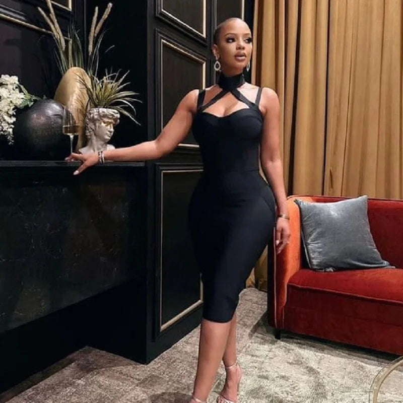 HQBORY Sexy Black Halter Bustier Bandage Dress Hollow Out Cross Bodycon Dress Cut Hole Party Club 2023 For Women XL Vestidos
